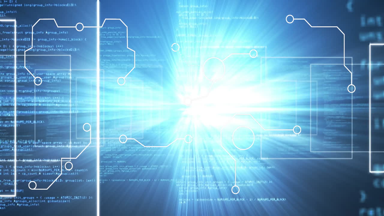 Digital network connections with data processing animation on glowing blue background