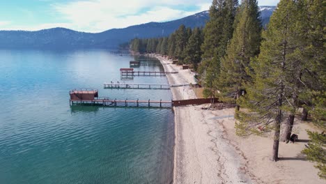 lake tahoe usa, drone shot of beach, docks and pine trees on sunny winter day