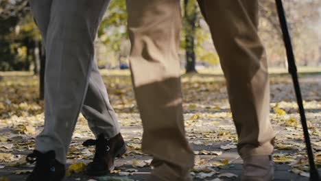 low section of senior couple walking together at the park in autumn