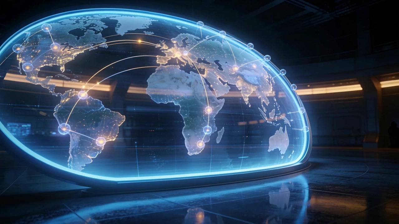 Panning camera revealing curved hologram globe rotating in control room, showing glowing data arcs