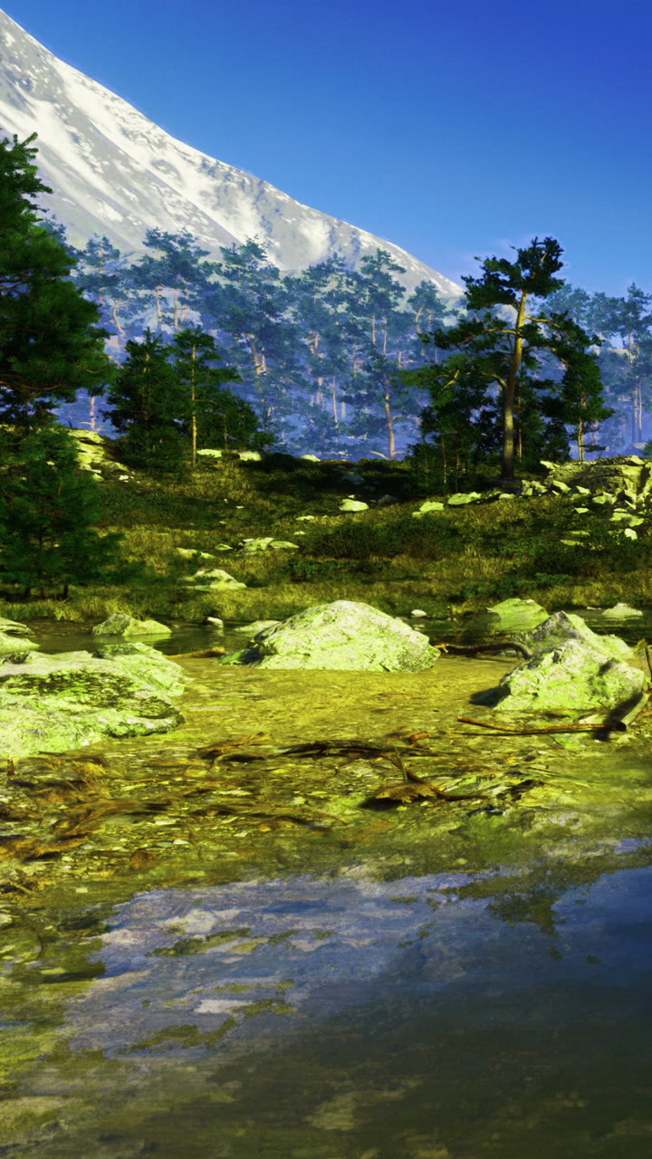 Mountains and trees beside quiet water during bright day in nature