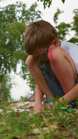 un niño pequeño se sienta bajo un árbol, profundamente en pensamiento, con un moretón visible en su pierna, sus manos descansan en sus piernas mientras reflexiona, con una bicicleta azul estacionada cerca y una manta debajo de él