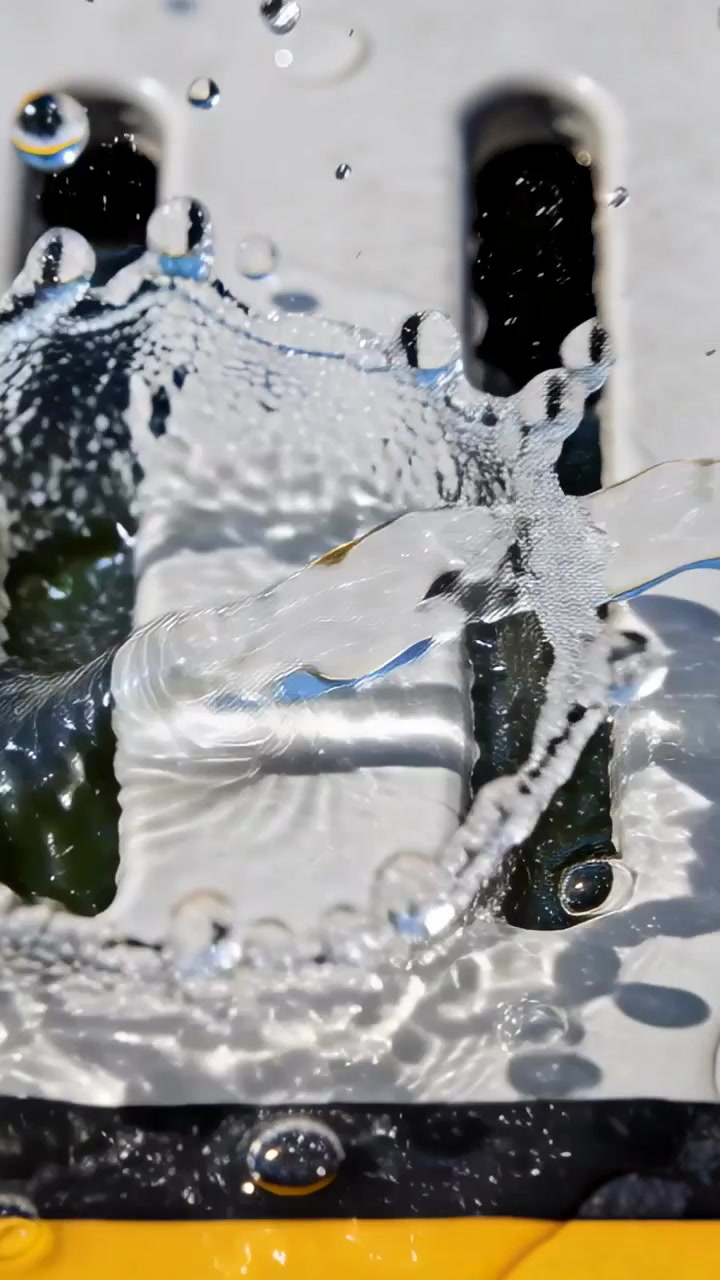 Video verticale: Goccia che colpisce facendo scorrere l'acqua su una griglia bianca a fessure per scaricare, creando bolle