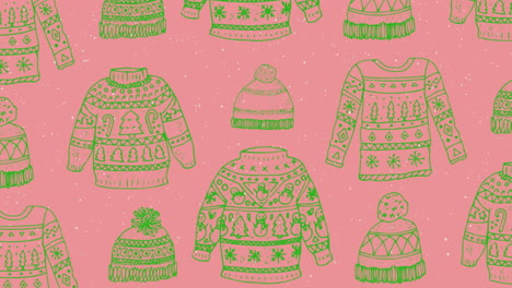 animation of christmas jumper pattern over falling snow on pink background