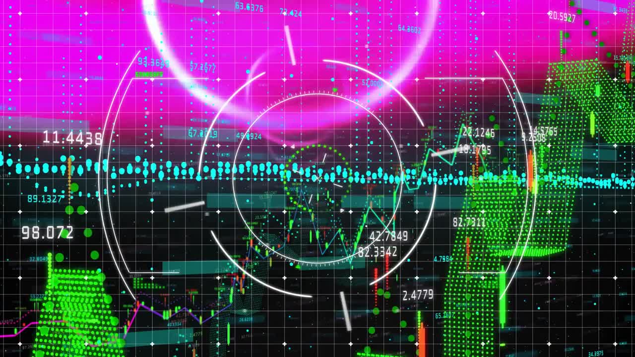 White circular HUD animating on grid in 3D render style, showing cyan scatter and candlestick bars