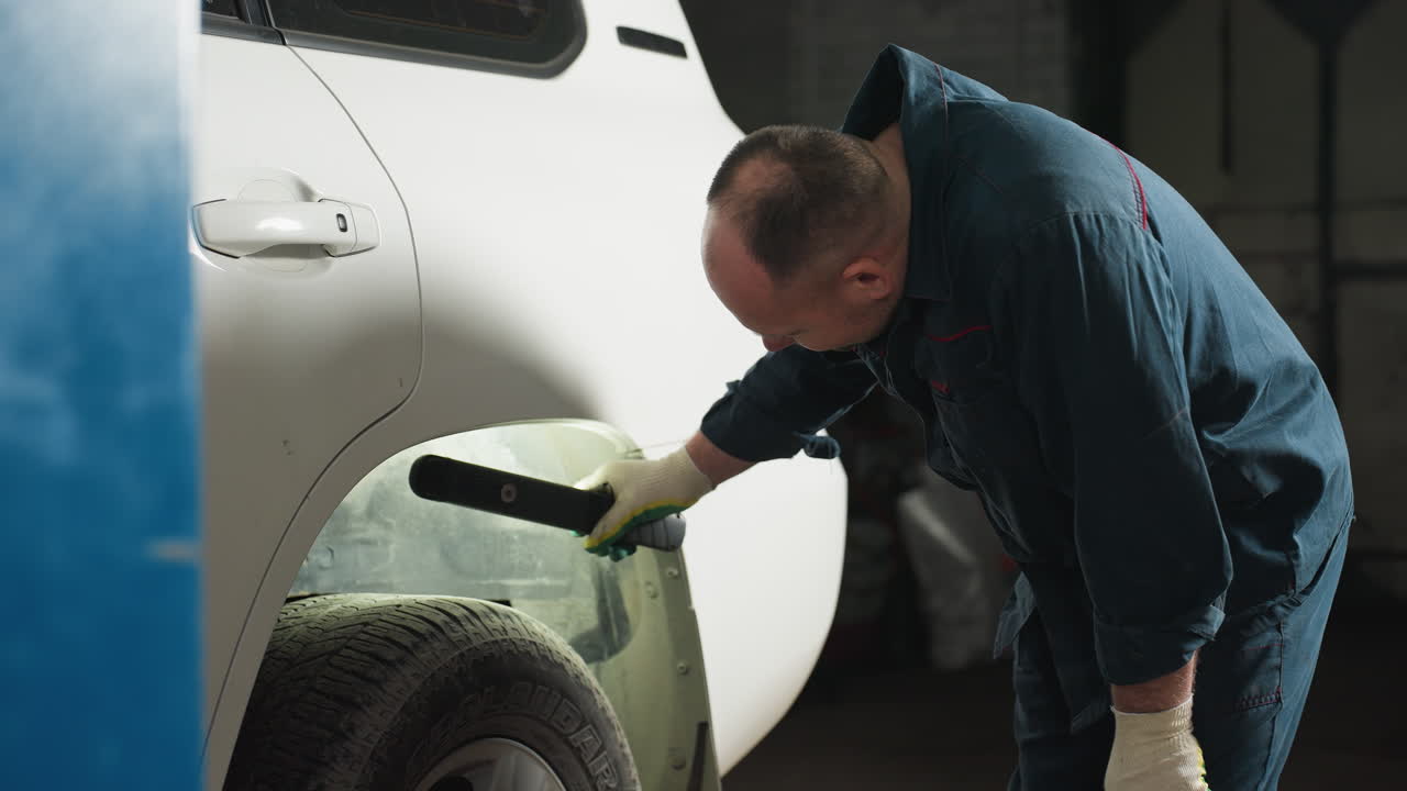 자동차 수리 작업장에서 타이어를 점검하기 위해 불을 사용하여 한 손을 무에 은 기계공, 배경에 파란색 기둥, 차량 유지 보수에 초점을 맞추고