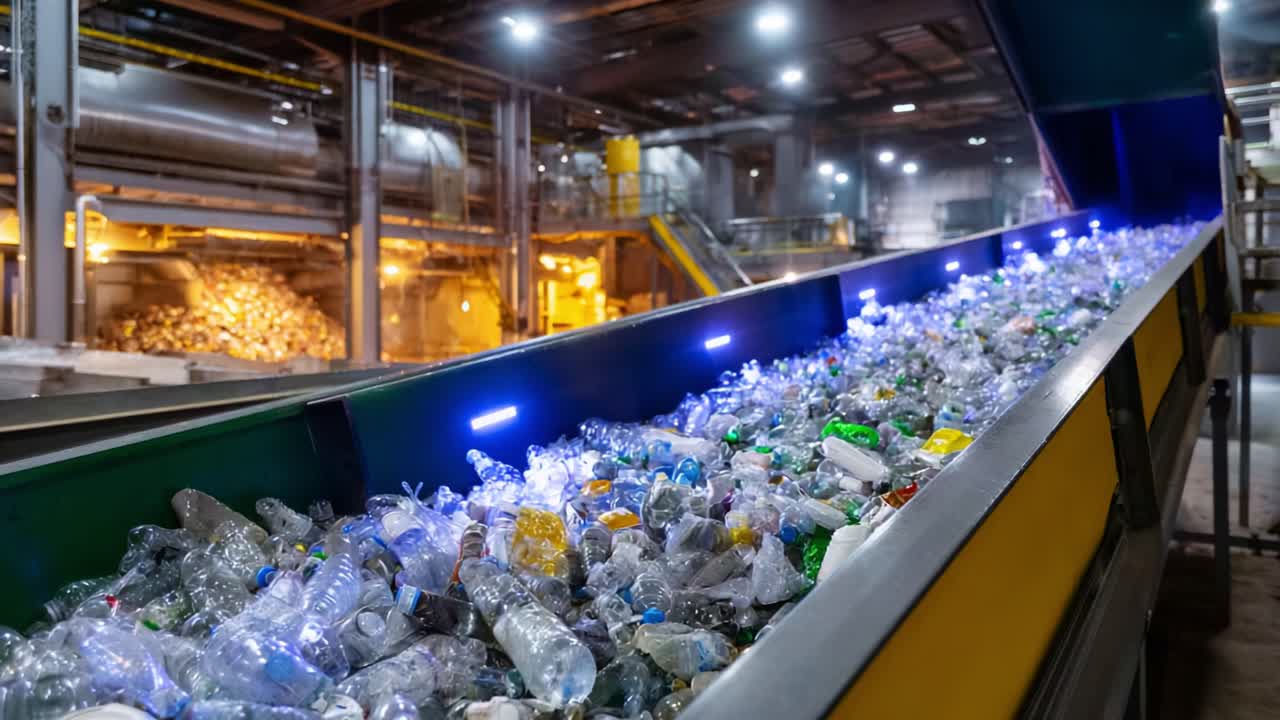 A Glimpse Inside a Plastic Recycling Facility: The Sorting Process of Plastic Bottles on a Conveyor Belt Under Industrial Lighting