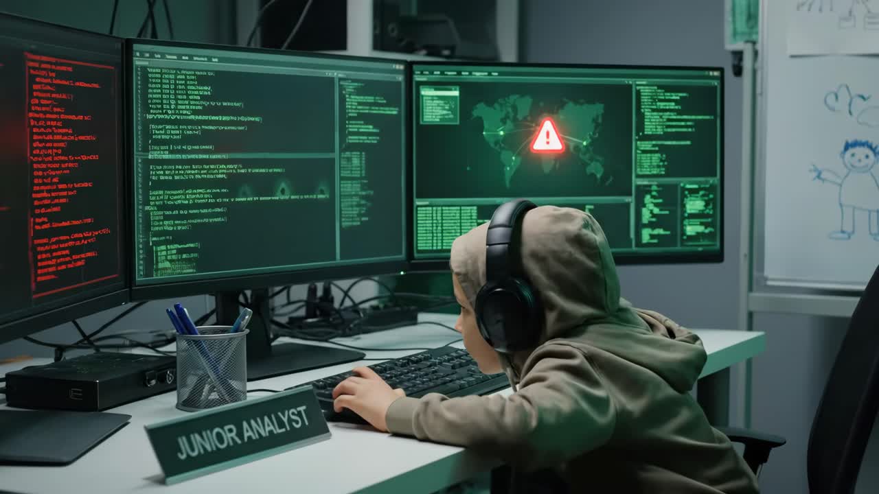 Young Boy Hacker Working on Multiple Computer Monitors