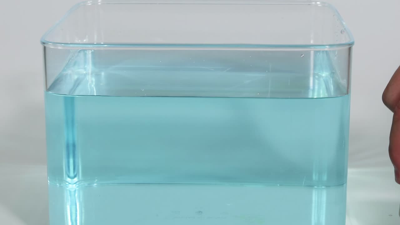 A wooden block is placed in a blue-tinted water tank, demonstrating its floating behavior.