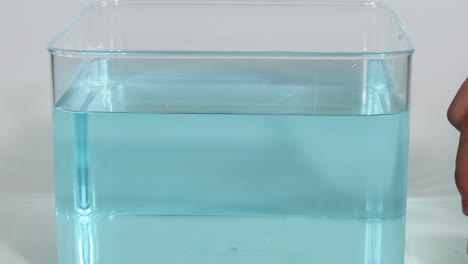 a wooden block is placed in a blue-tinted water tank, demonstrating its floating behavior.