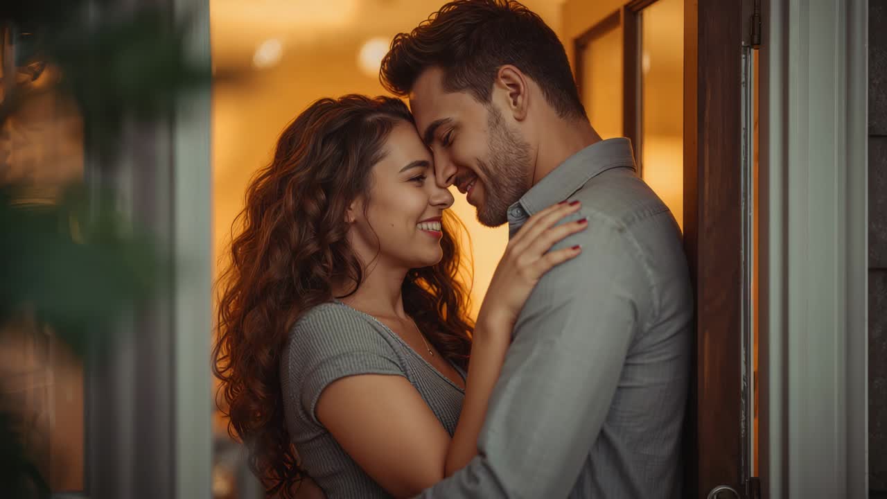 Casal se aproximando na porta, perto de uma porta de madeira aberta, usando roupas cinzas e unhas vermelhas