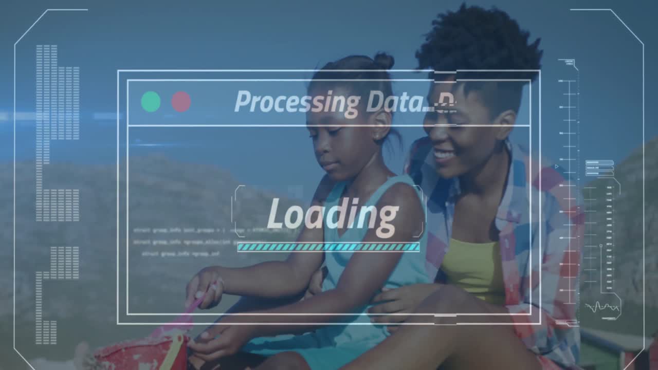 Animation of texts and computer language, african american mother and daughter playing in sand