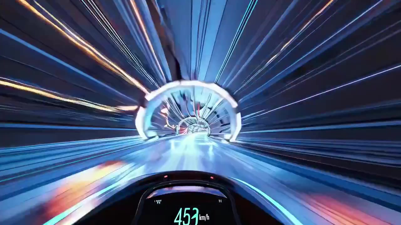 POV of a Futuristic Vehicle Speeding Through an Abstract Light Tunnel