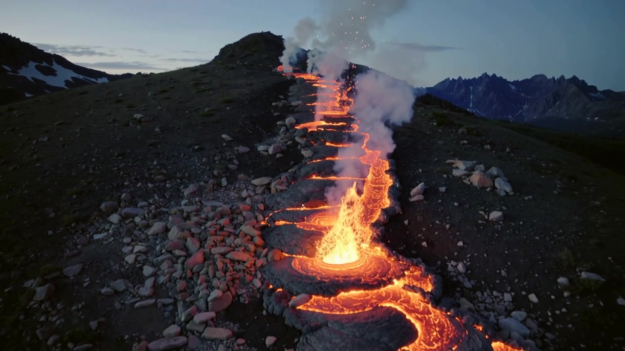 Flowing lava channel erupting from high ridge, sending glowing spatter and steam downhill
