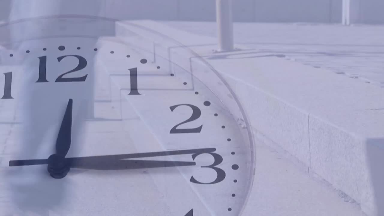 Animation of clock moving over people walking