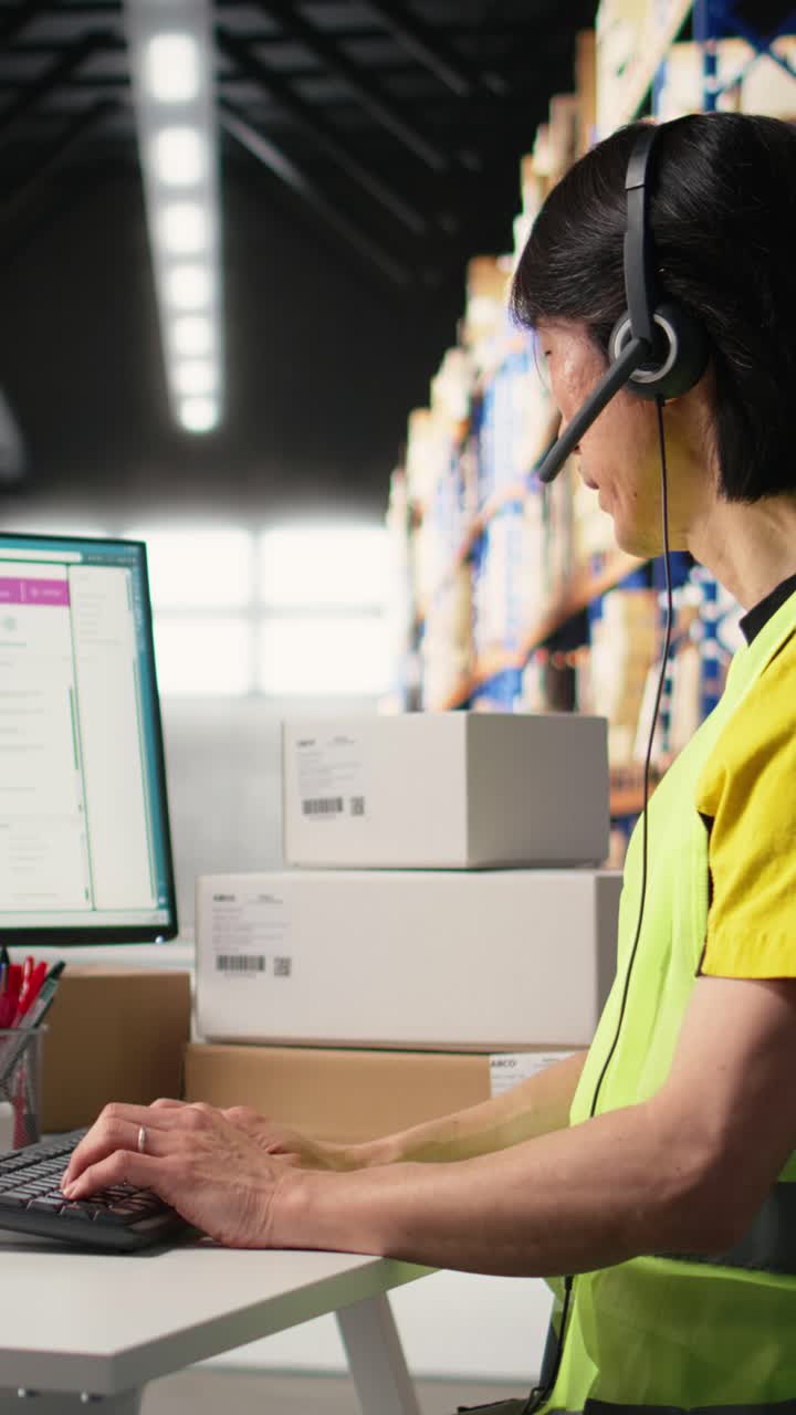 Vertical Video Call center employee assisting customers in a fulfillment center