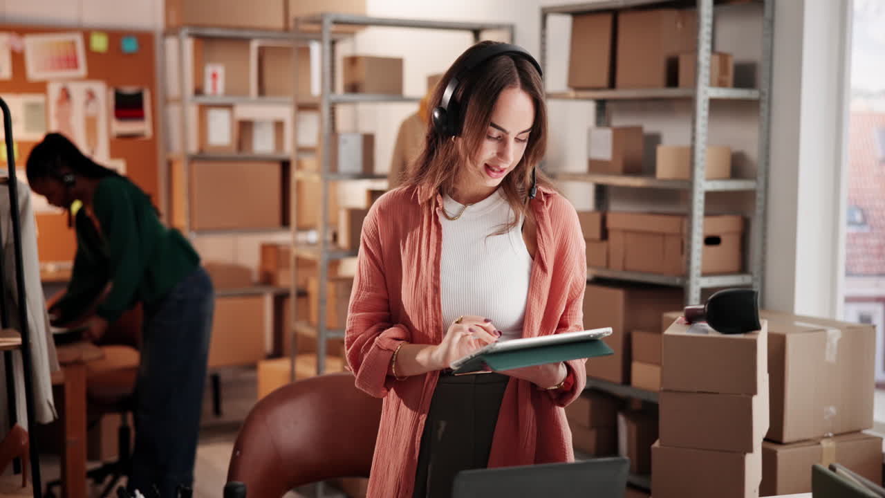 Giovane donna con le cuffie che lavora su tablet in un magazzino e-commerce