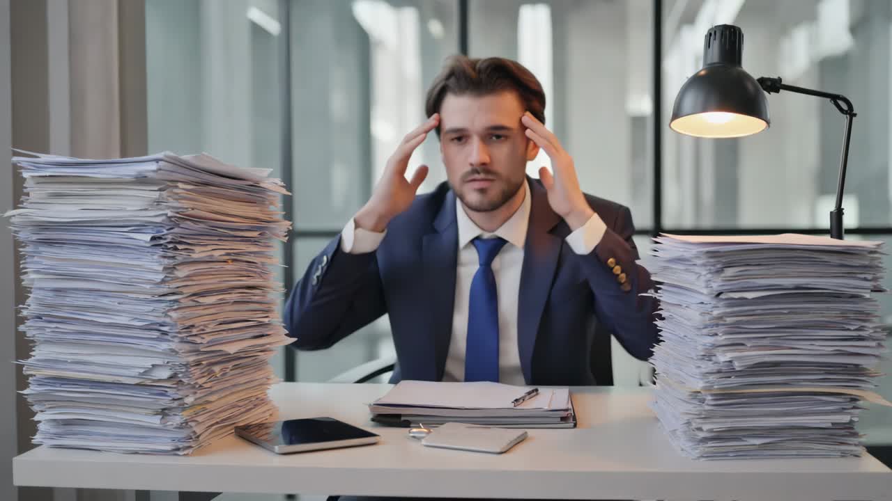Stressed businessman with piles of paperwork