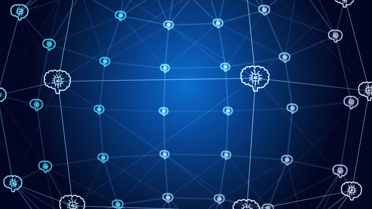 Animation of network of connections with icons on blue and black background