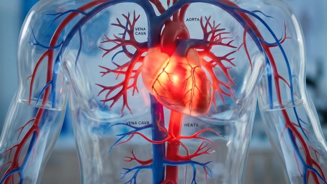 Sistema circolatorio trasparente con cuore luminoso e vasi sanguigni ramificati
