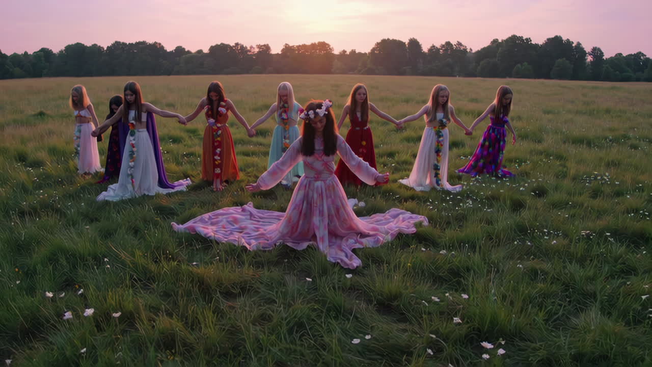 Circle of Girls in Meadow at Sunset