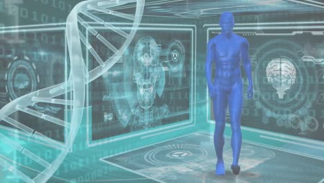 Animation-of-hud-interface-with-human-body,-brain-and-dna-helix-over-binary-codes-in-background