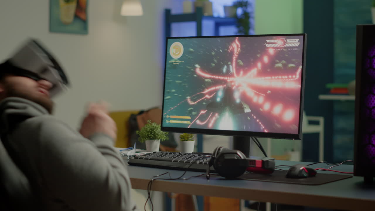 비디오 게이머가 그래픽을 잃는 사이버 공간 비디오 게임 게임 의자에 앉아