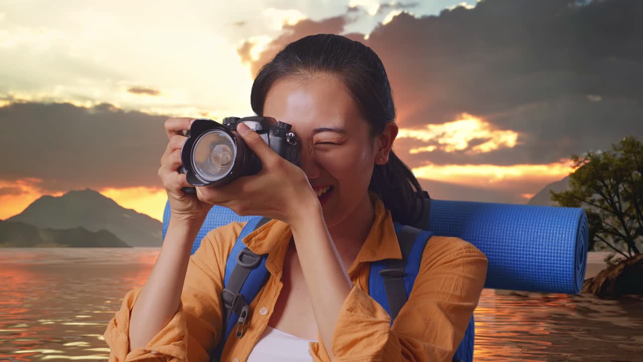 un close-up de una excursionista asiática con una mochila de montañismo usando una cámara tomando una foto mientras está de pie en un lago durante la hora del atardecer