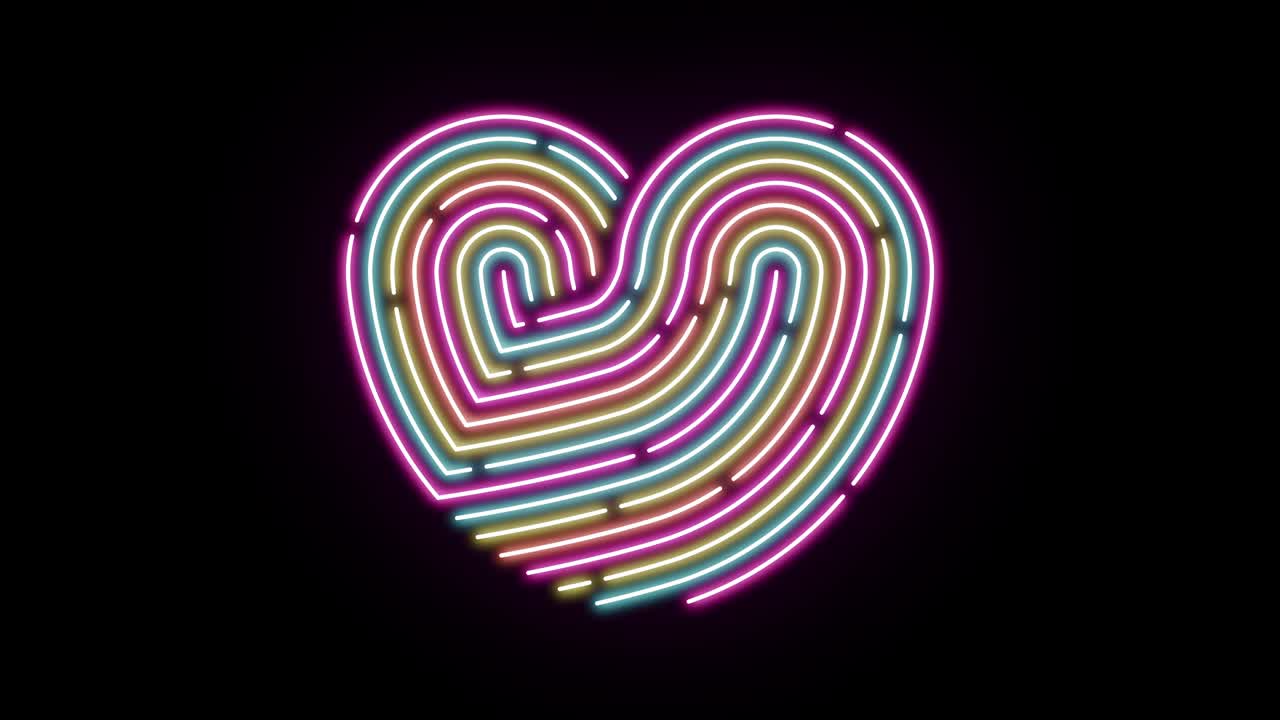 네온 다쉬 라인 조명, 움직이는 패턴, 다채로운 기술 네트워크, 디지털 데이터 전송, 발렌타인 데이 컨셉 디자인, 검은 바탕에 반이는, 공간과 함께 4k 순환 애니메이션