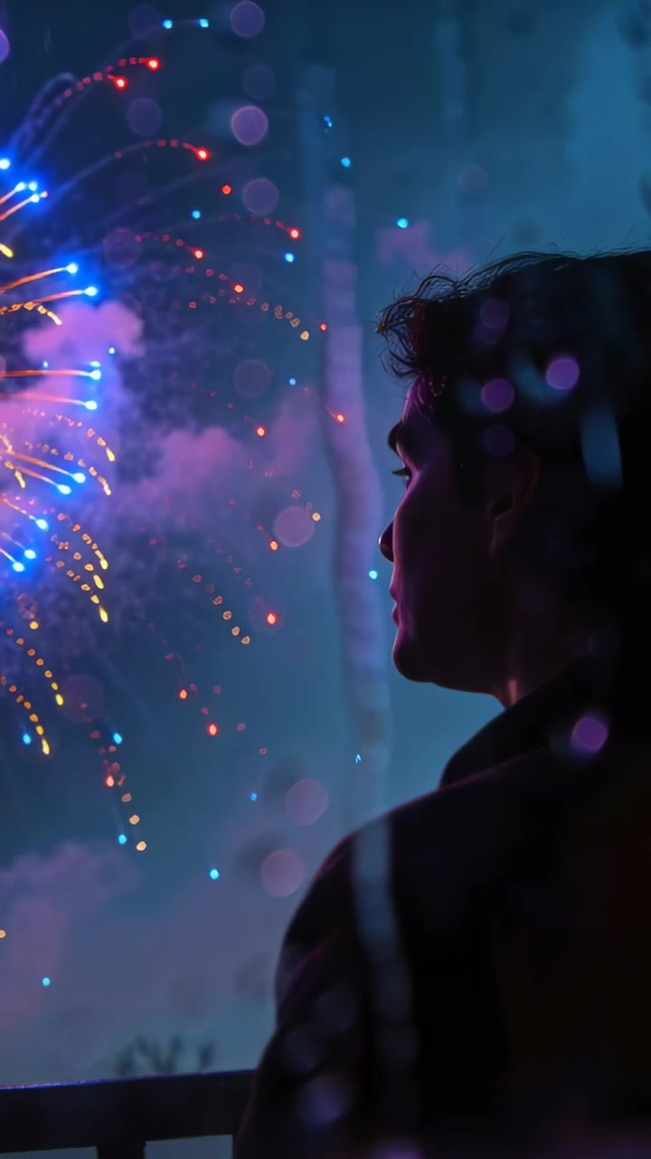 Vídeo vertical: Homem de casaco reagindo a fogos de artifício, olhando para o espetáculo em uma janela com gotas, espaço para texto.