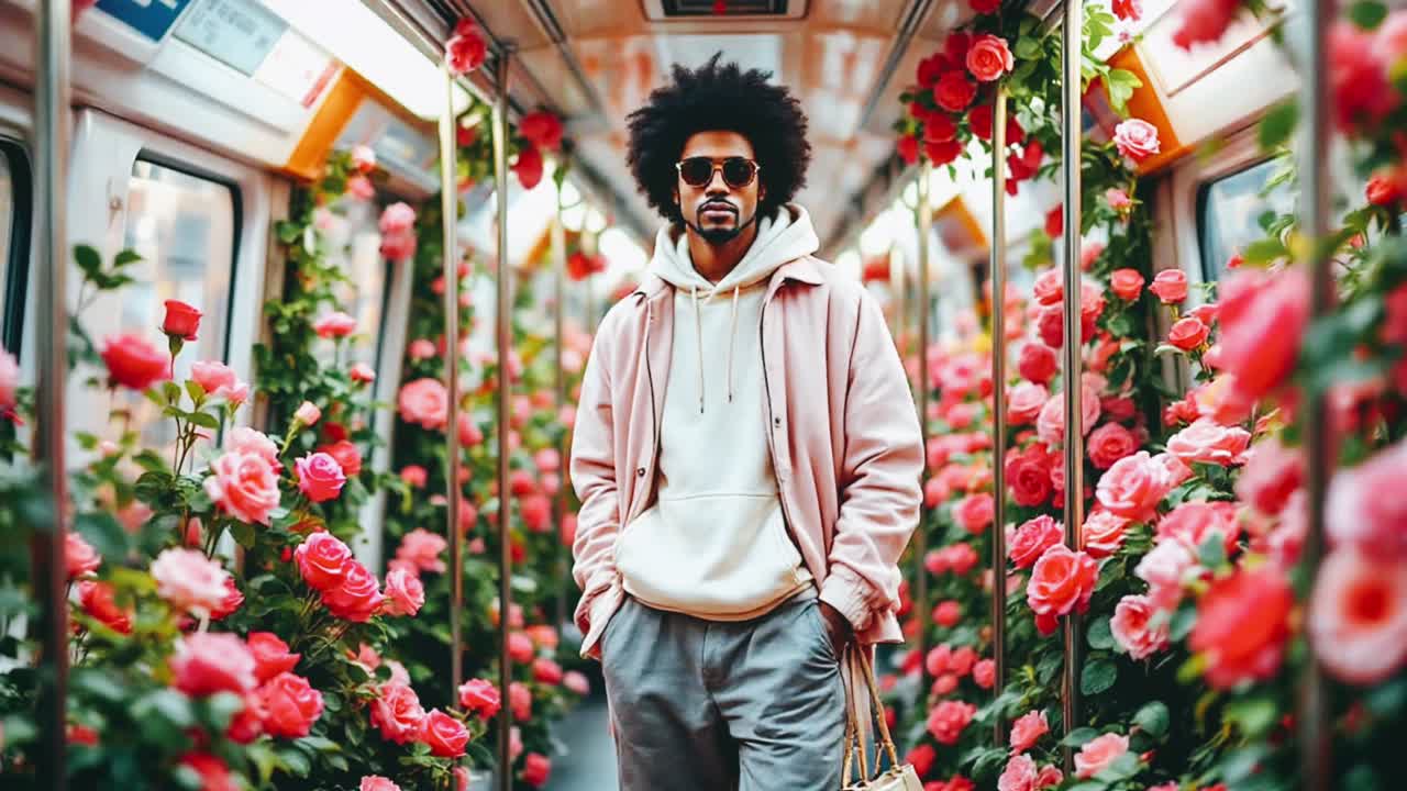 Uomo in un vagone della metropolitana pieno di rose