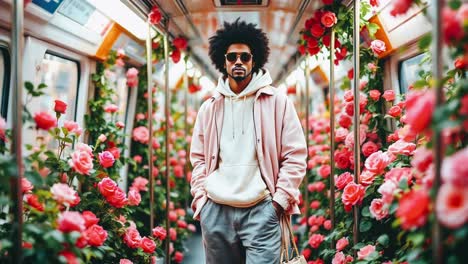 man in a rose-filled subway car