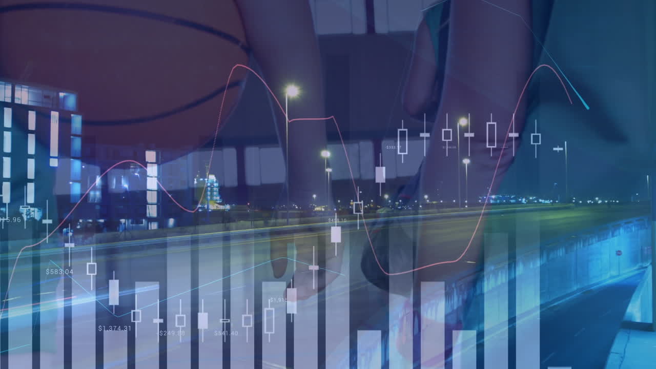 체육관에서 다양한 여성 농구 선수 그룹에 대한 금융 데이터 처리 애니메이션