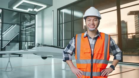 ingeniero masculino asiático con casco de seguridad sonriendo a la cámara mientras está de pie con los brazos akimbo con proyecto de avión no tripulado