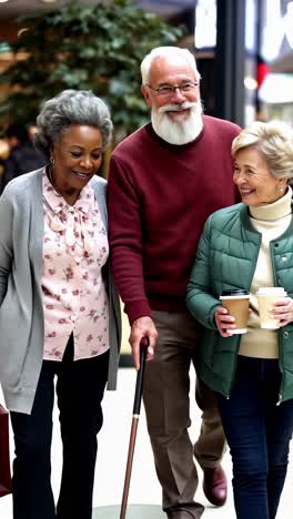 three older people are walking down a street, one of them holding a cane