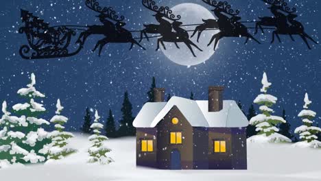 Snow-falling-over-christmas-tree-in-sleigh-being-pulled-by-reindeers-against-moon-in-the-night-sky