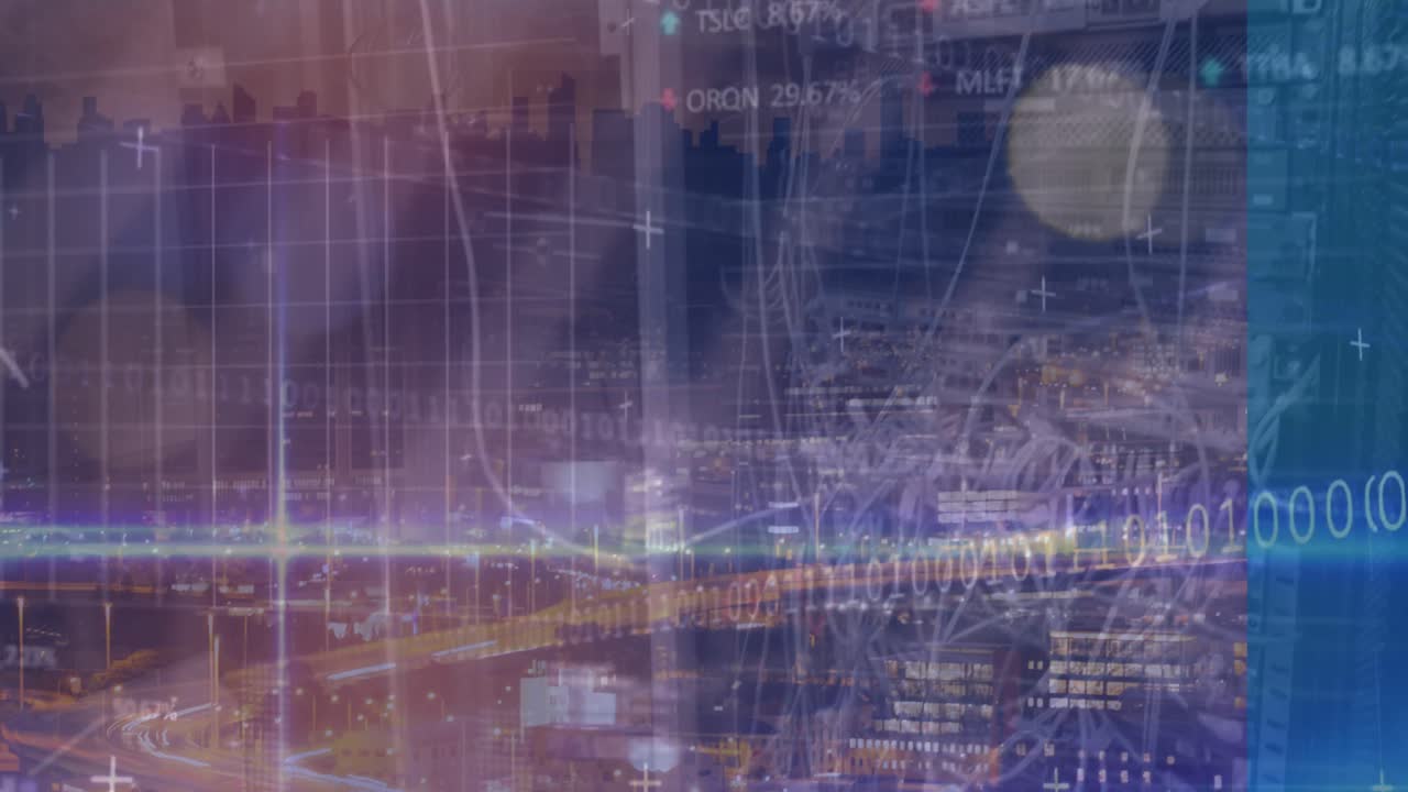 Animation of financial data processing over cityscape