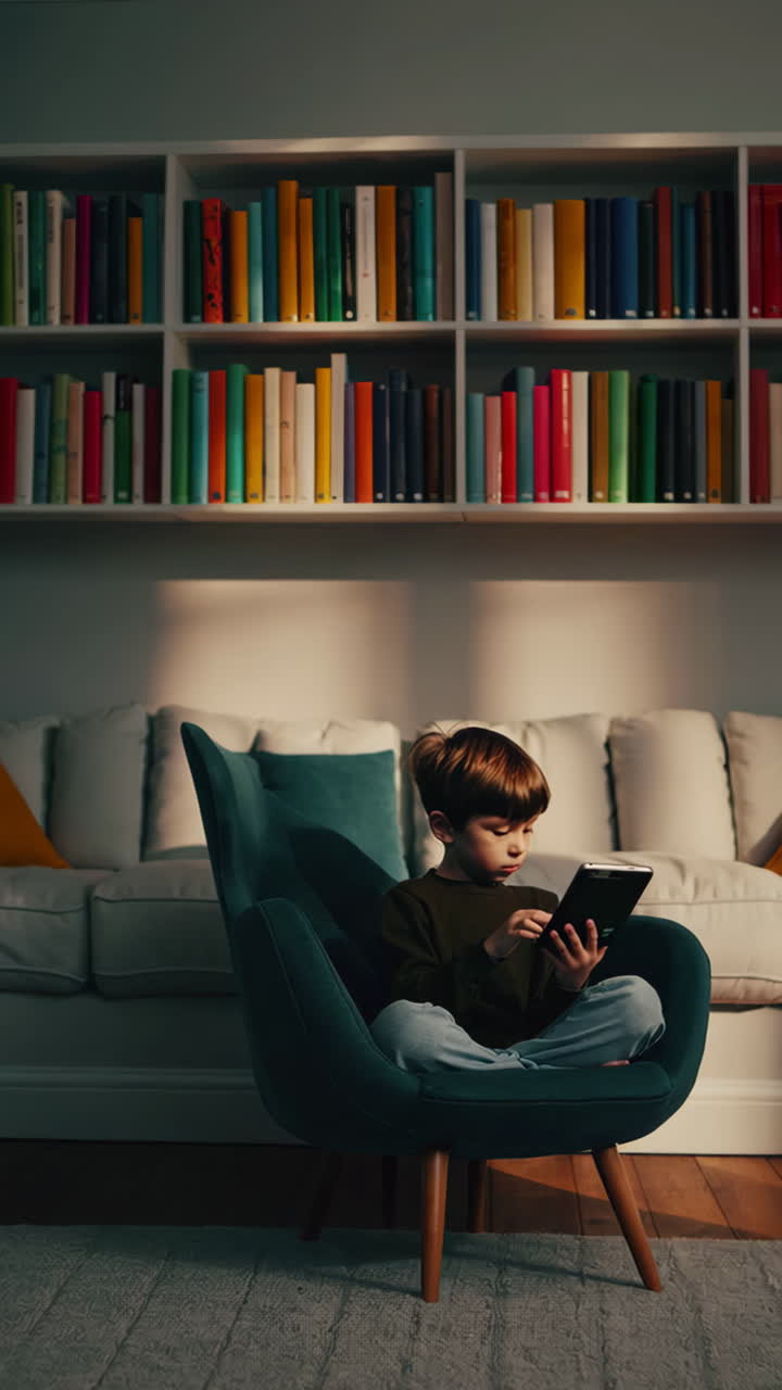 Young boy using a tablet in a cozy living room