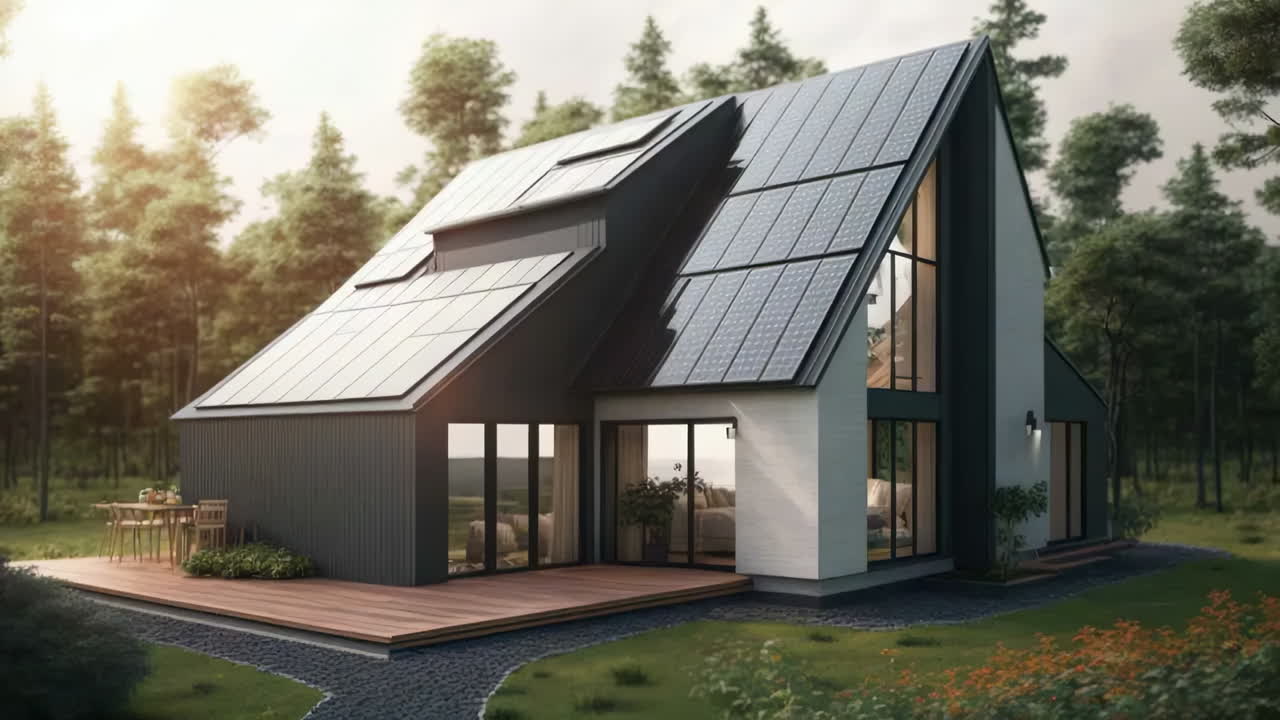 Modern House with Solar Panels in a Forest Setting