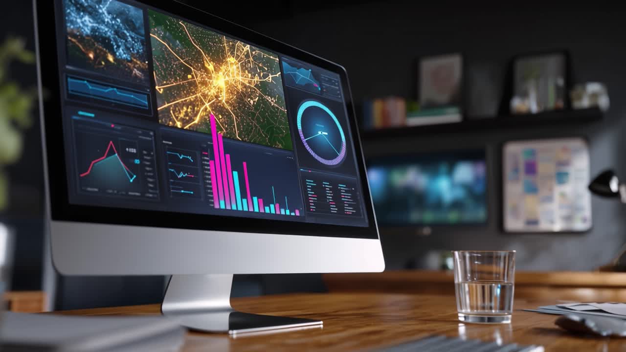 A modern work desk featuring a computer monitor displaying advanced data analytics and visualizations, illustrating trends and patterns in a digital workspace environment