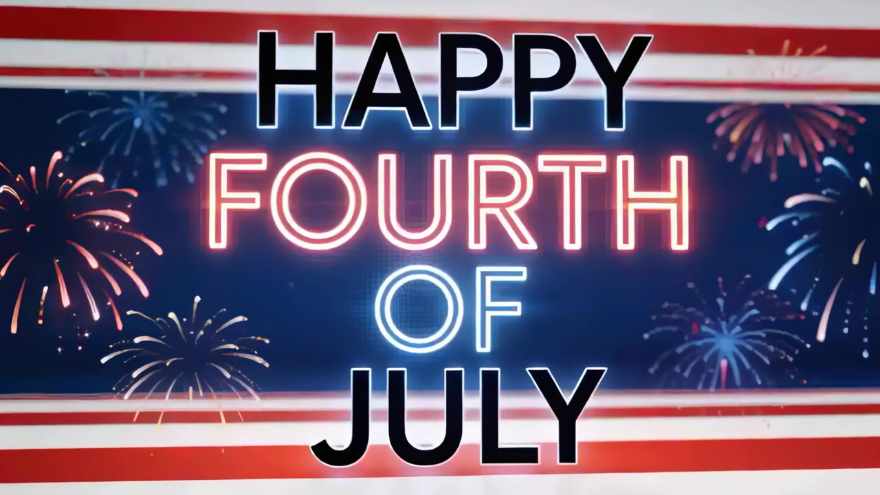 Fireworks bursting, neon HAPPY FOURTH OF JULY pulsing in night sky with flag stripes celebrating