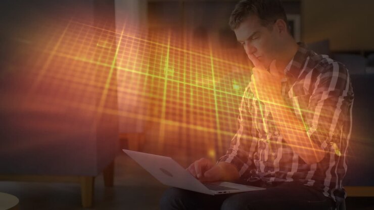 Animation of isoelectric line over caucasian businessman using laptop in office