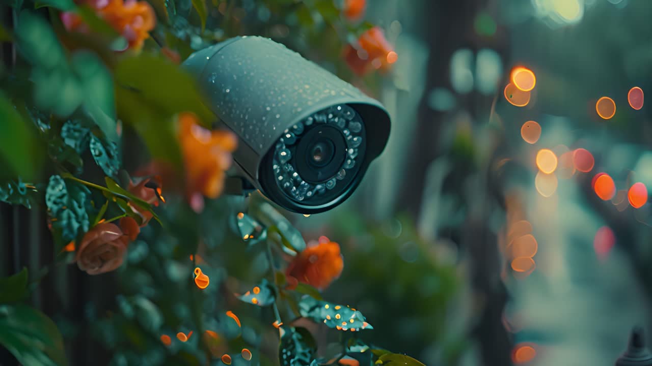 Outdoor Security Camera Amidst Flowers with Raindrops