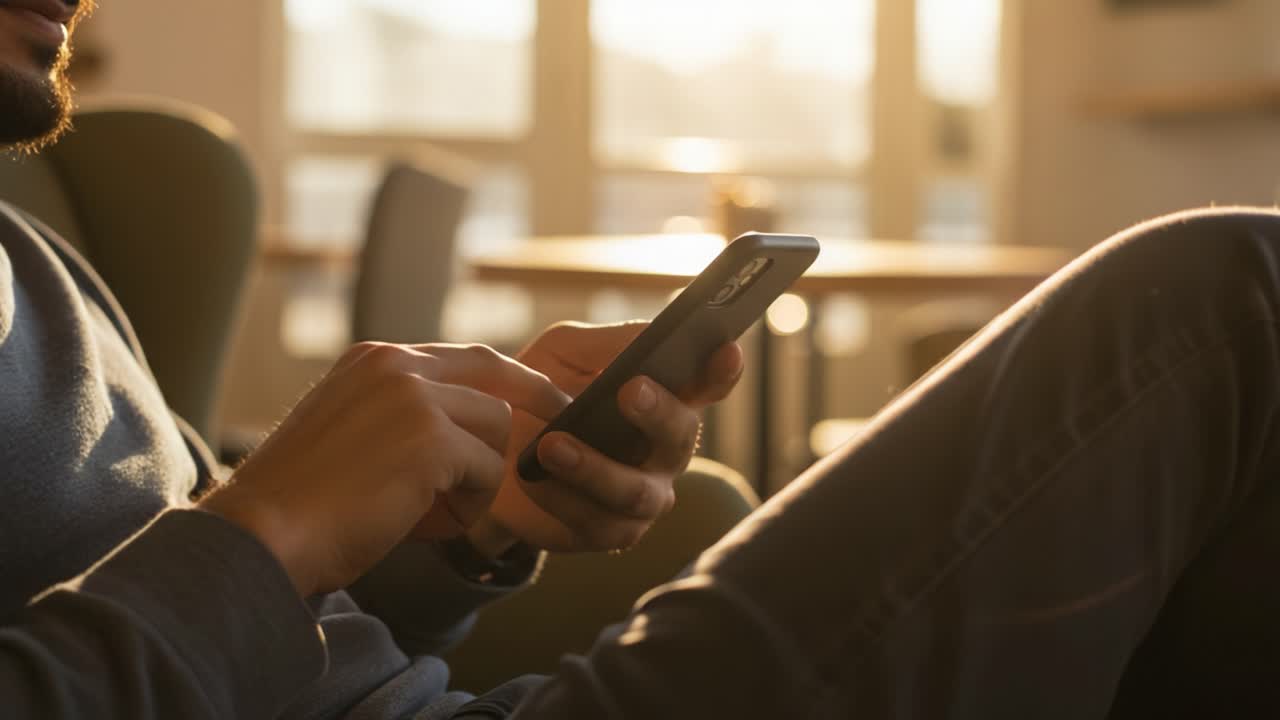 A Person Interacting with a Smartphone in a Cozy Indoor Environment, Highlighting Modern Communication and Everyday Technology in Soft Sunlight