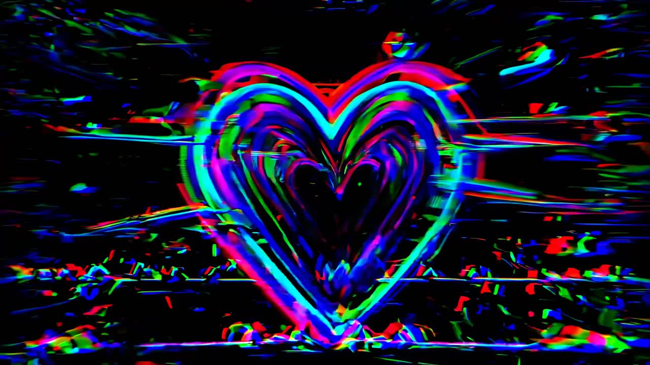 A vibrant, glitch-style video effect with a central heart shape