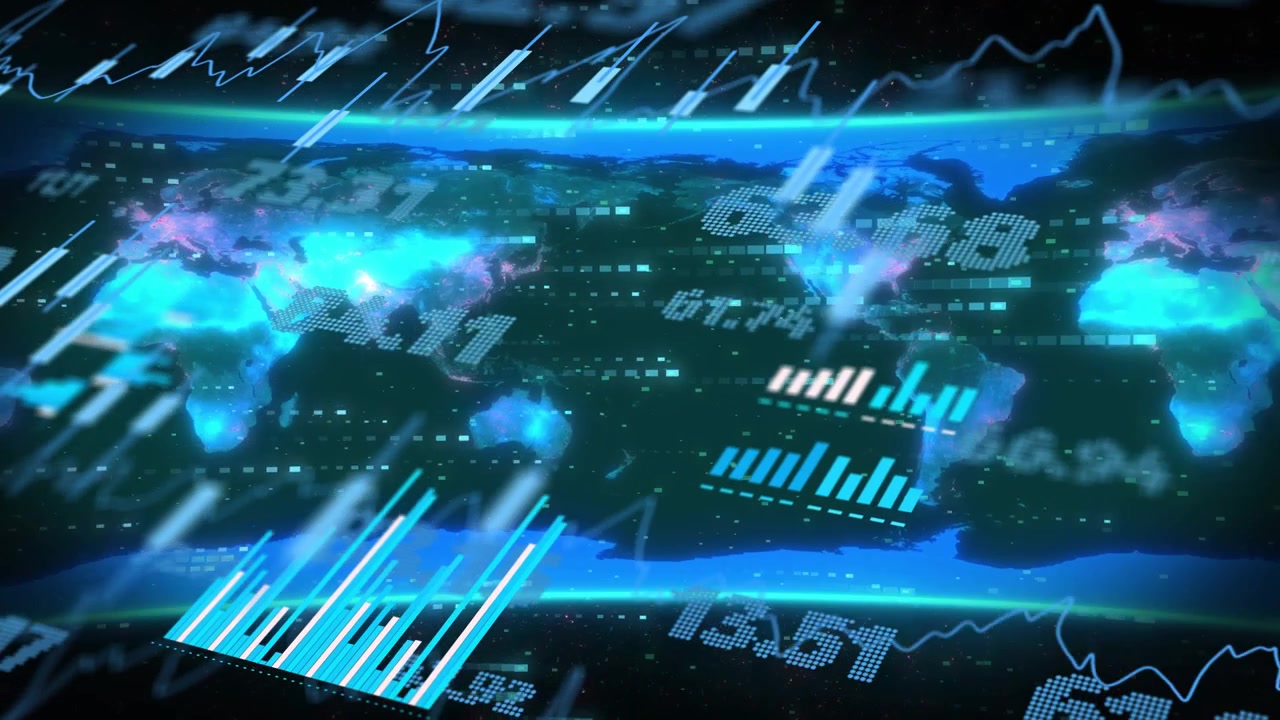 3D globe updating charts and numbers, starting with diagonal streaks sweeping, visualizing finance