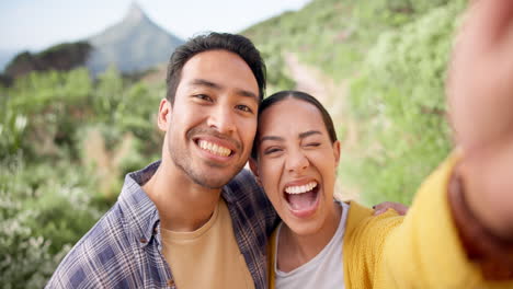 couple, face and crazy selfie in nature