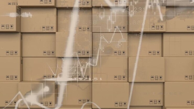 Animation of statistics processing over stack of boxes