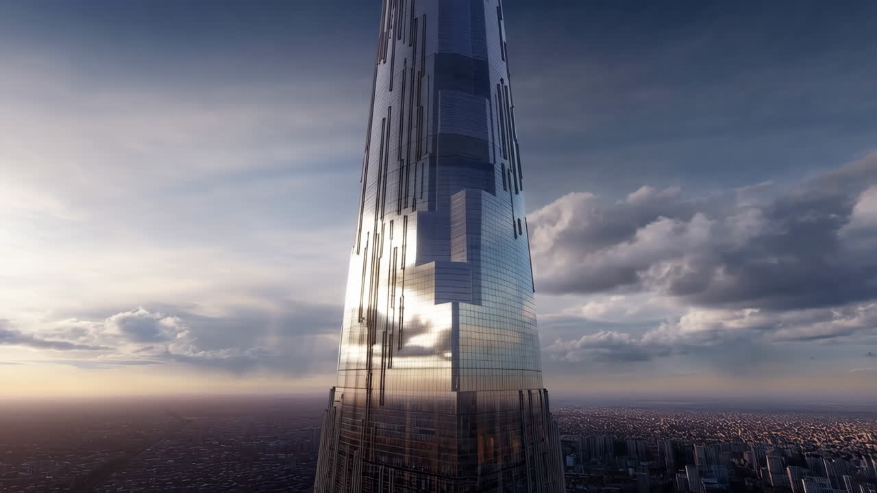 A towering modern skyscraper reaching into a cloudy sky with reflective glass facade