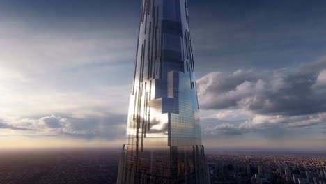 a towering modern skyscraper reaching into a cloudy sky with reflective glass facade